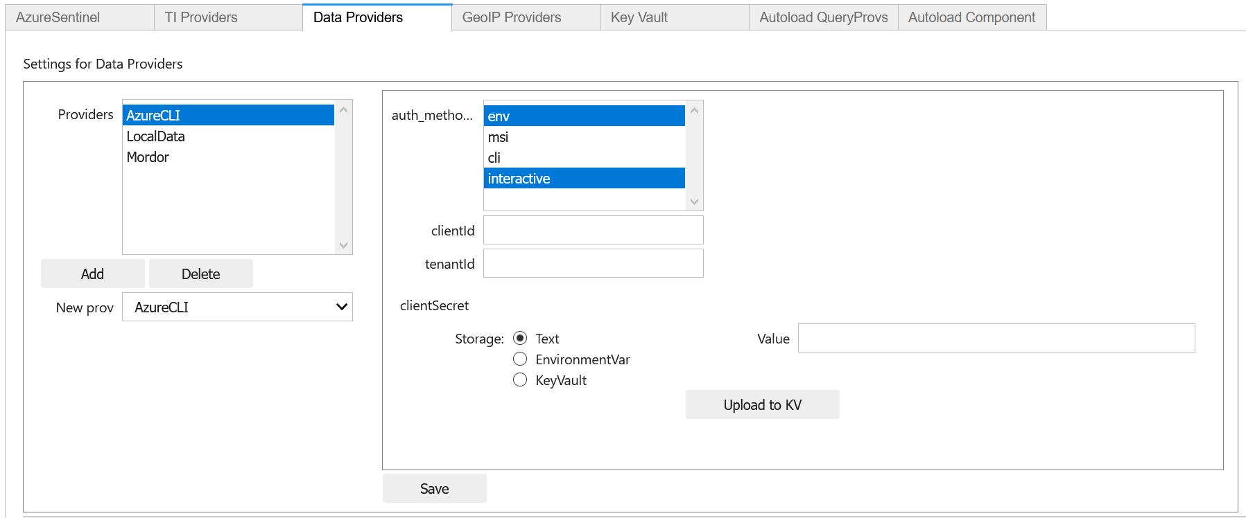 Data provider settings showing Azure CLI and Splunk