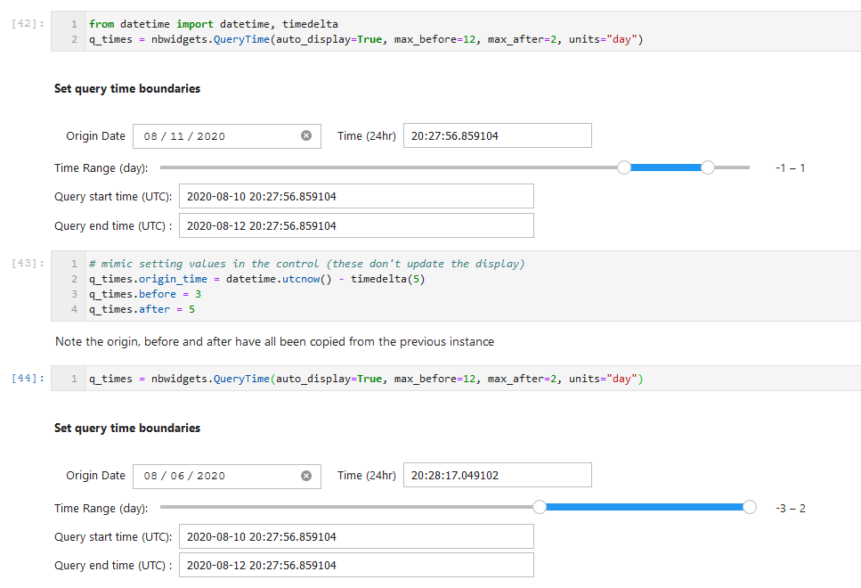Sequence of three notebook cells showing first a QueryTime widget and the default date and time values. Next its values are altered by some code. The third cell shows the widget being re-created and retrieving its default values from the remembered stat set in the previous cell.