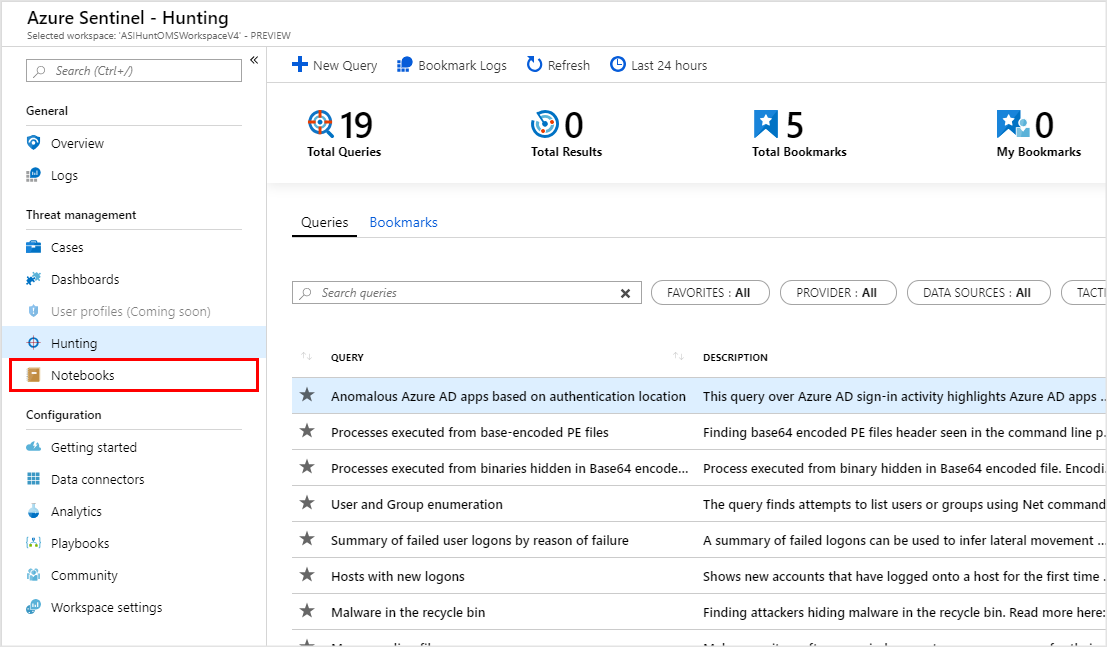 Accessing the Notebooks section of Azure Sentinel user interface.
