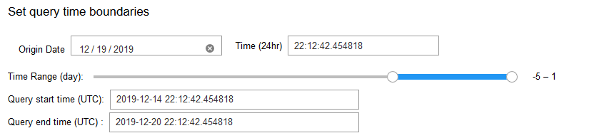Date and time selector widget showing setting required start and end times.