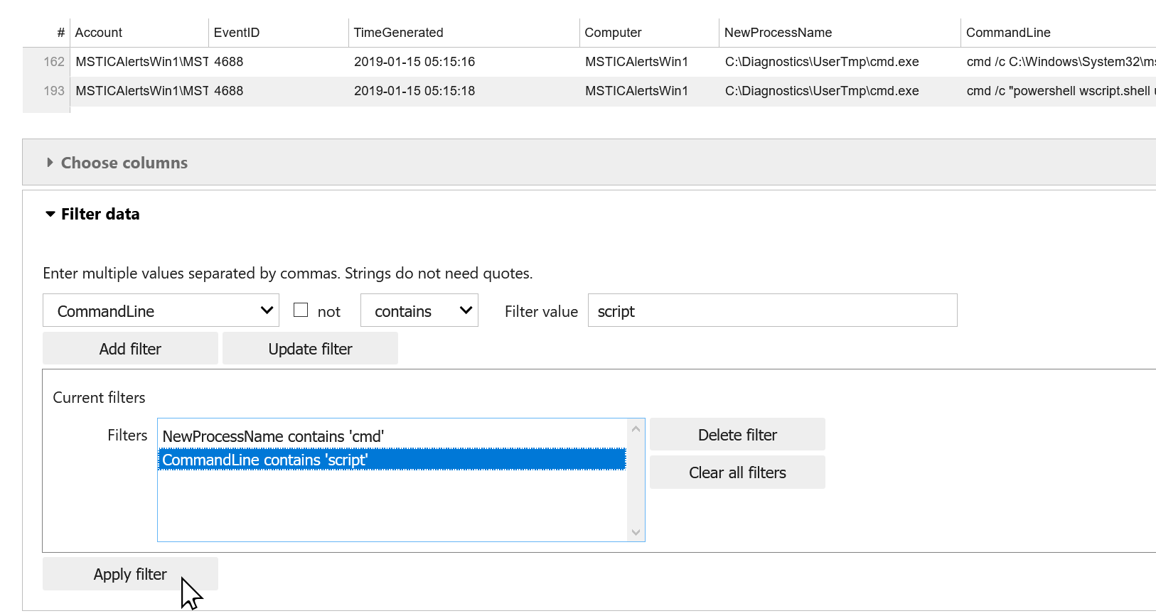 Apply filter button filters the current view of the data.