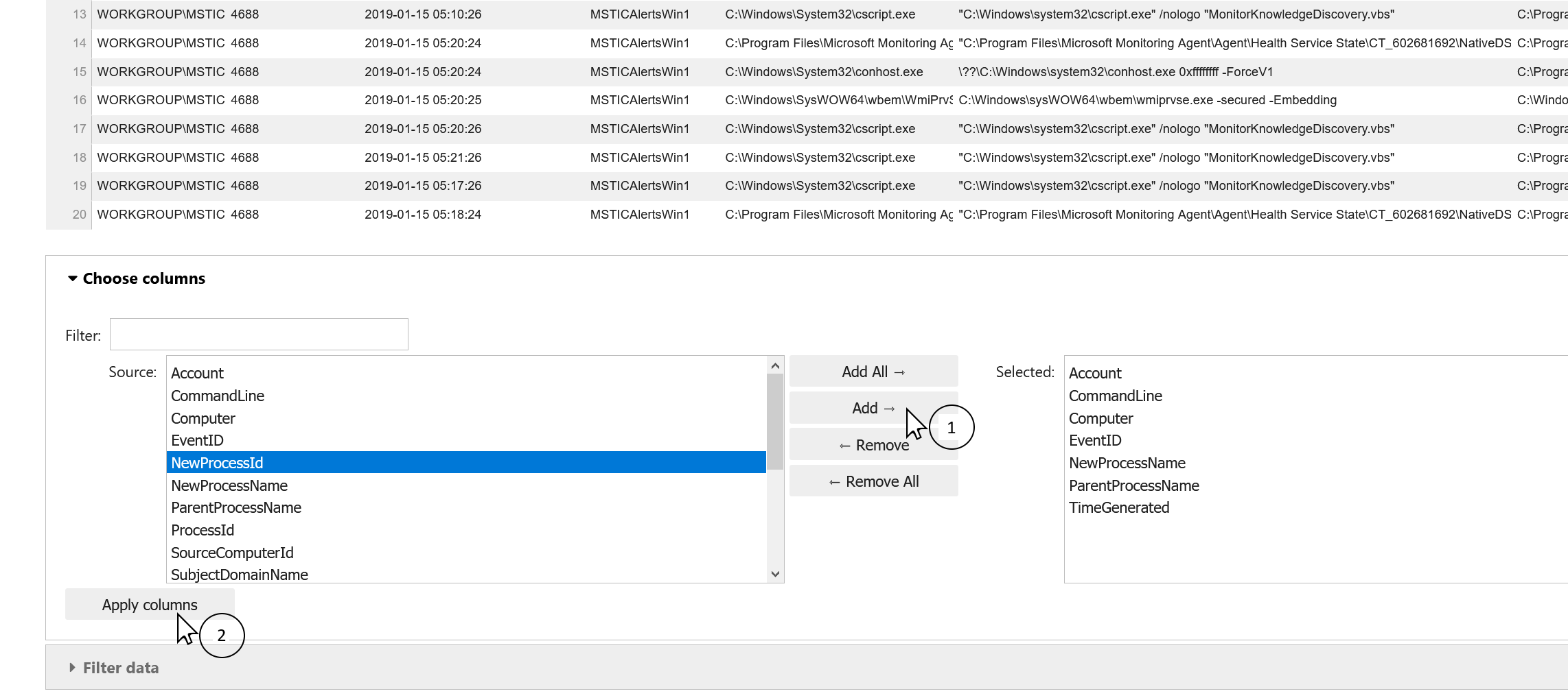 Selecting which columns to display using the Choose columns drop-down.