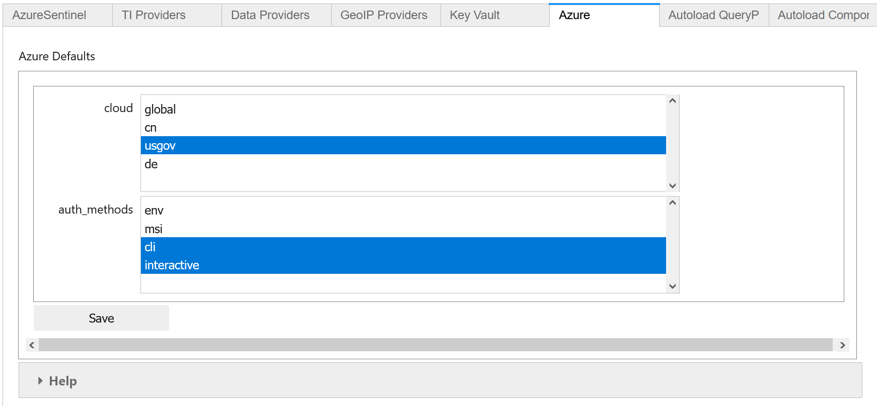 Azure cloud and authentication settings.
