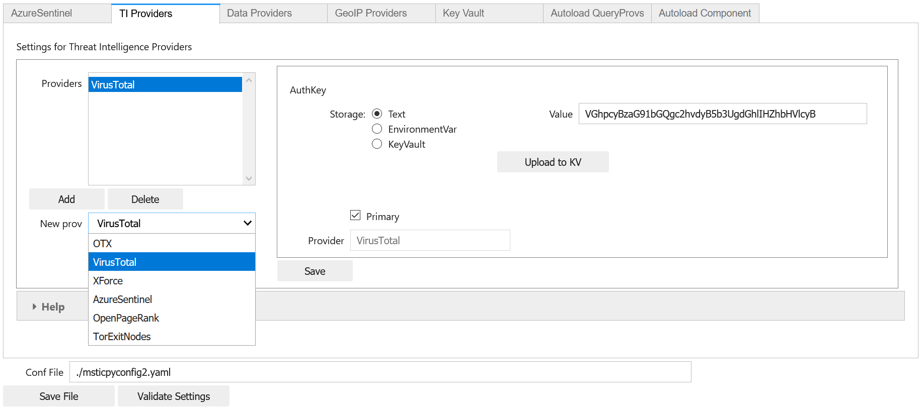 Threat intelligence provider settings for VirusTotal